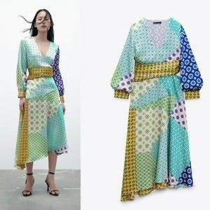 ZARA WOMAN V-NECK LONG CUFFED SLEEVES PATCHWORK PRINT MIDI DRESS S 3164/229 NEW